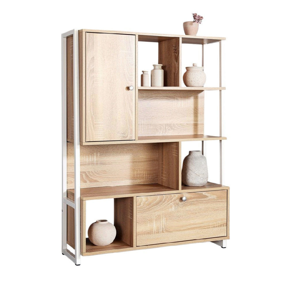 Modern Wooden Bookshelf with Decorative Storage Compartments