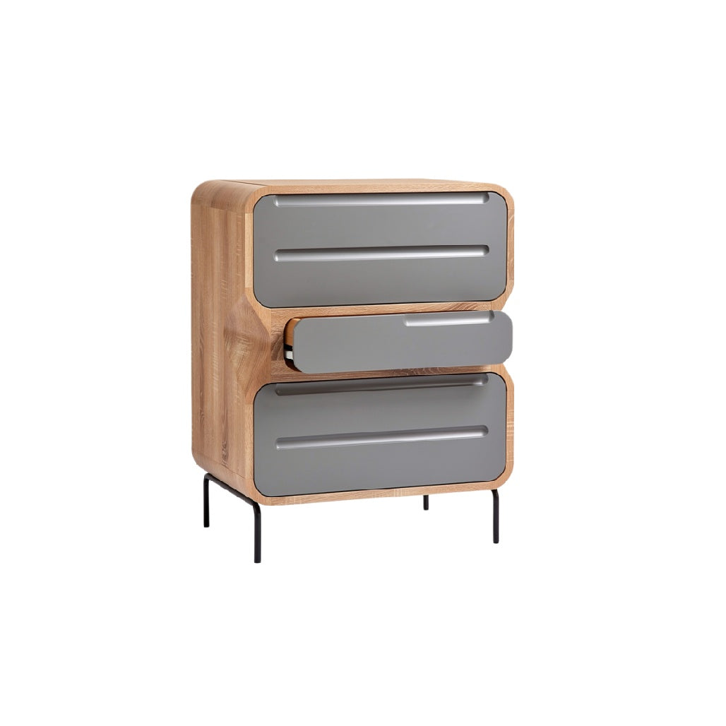 "Modern Wooden Nightstand with Grey Drawers"